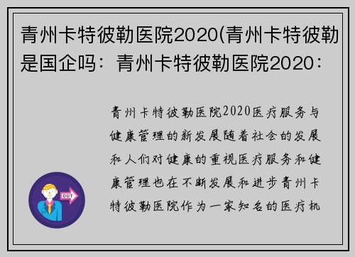 青州卡特彼勒医院2020(青州卡特彼勒是国企吗:青州卡特彼勒医院2020:医疗服务与健康管理的新发展) 青州卡特彼勒医院2020(青州卡特彼勒是国企吗:青州卡特彼勒医院2020:医疗服务与健康管理的新发展)